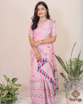 Blush Pink Semi Paat Silk Saree with Blue Floral Weaving & Tassel Pallu