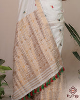 Elegant Ivory Semi Paat Silk Saree with Gold Zari & Floral Motifs