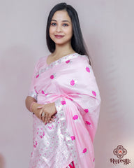 Elegant Semi Paat Silk Saree with Pink Woven Border
