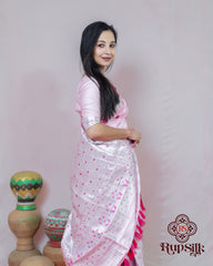 Elegant Semi Paat Silk Saree with Pink Woven Border