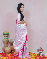 Elegant Semi Paat Silk Saree with Pink Woven Border