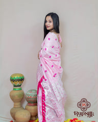 Elegant Semi Paat Silk Saree with Pink Woven Border