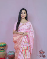 Baby Pink Semi Paat Silk Saree with Gold Zari Border & Elegant Weaving