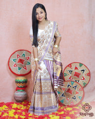 Royal Ivory Semi Paat Silk Saree with Purple & Gold Woven Elegance