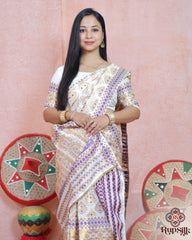 Royal Ivory Semi Paat Silk Saree with Purple & Gold Woven Elegance
