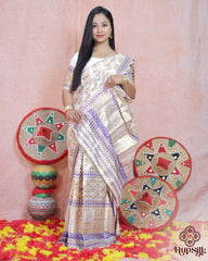 Royal Ivory Semi Paat Silk Saree with Purple & Gold Woven Elegance