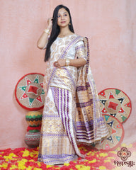 Royal Ivory Semi Paat Silk Saree with Purple & Gold Woven Elegance