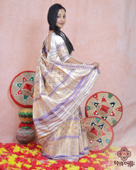 Royal Ivory Semi Paat Silk Saree with Purple & Gold Woven Elegance