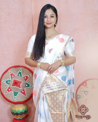 Elegant White Banarsi Semi Paat Mekhla Sador with Golden Guna