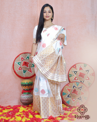 Elegant White Banarsi Semi Paat Mekhla Sador with Golden Guna