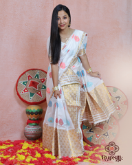 Elegant White Banarsi Semi Paat Mekhla Sador with Golden Guna