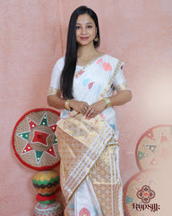 Elegant White Semi Paat Silk Saree with Gold Woven Border
