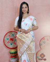 Elegant White Banarsi Semi Paat Mekhla Sador with Golden Guna