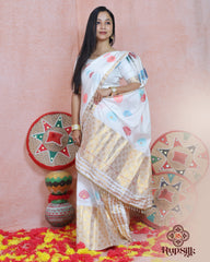 Elegant White Semi Paat Silk Saree with Gold Woven Border