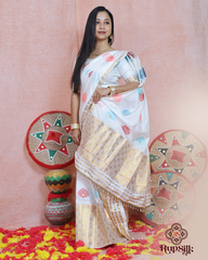 Elegant White Banarsi Semi Paat Mekhla Sador with Golden Guna