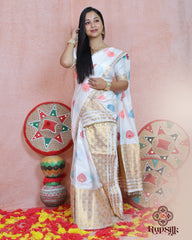 Elegant White Semi Paat Silk Saree with Gold Woven Border