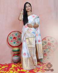 Elegant White Banarsi Semi Paat Mekhla Sador with Golden Guna