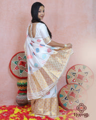 Elegant White Semi Paat Silk Saree with Gold Woven Border