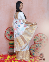 Elegant White Banarsi Semi Paat Mekhla Sador with Golden Guna