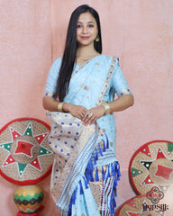 Elegant Semi Paat Sky Blue Silk Saree with Rich Woven Pallu & Tassels