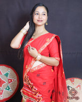 Red Kesa Cotton Saree with Elegant Woven Motifs & Traditional Border