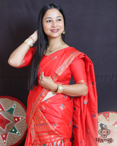 Vibrant Red Semi Paat Mekhla Sador with Gold Guna and Multidhaga Weaving