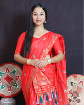 Vibrant Red Semi Paat Silk Saree with Multicolor Weaving & Tassel Pallu