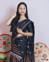 Classic Black Kesa Cotton Saree with Copper Woven Border & Traditional Motifs