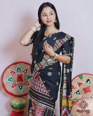 Black Handloom Kesa Cotton Saree with Traditional Multicolor Woven Border