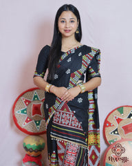 Black Handloom Kesa Cotton Saree with Traditional Multicolor Woven Border
