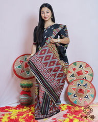 Black Handloom Kesa Cotton Saree with Traditional Multicolor Woven Border