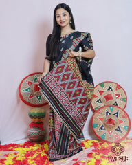 Black Handloom Kesa Cotton Saree with Traditional Multicolor Woven Border