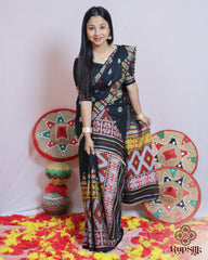 Black Handloom Kesa Cotton Saree with Traditional Multicolor Woven Border