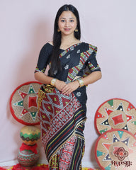 Black Handloom Kesa Cotton Saree with Traditional Multicolor Woven Border