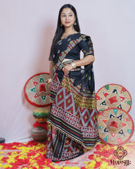 Black Handloom Kesa Cotton Saree with Traditional Multicolor Woven Border