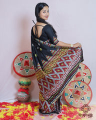 Black Handloom Kesa Cotton Saree with Traditional Multicolor Woven Border