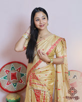 Golden Royal Muga Silk Saree with Artistic Red Border