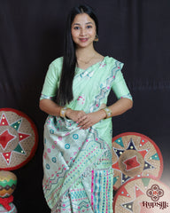 Elegant Semi Paat Silk Saree in Mint Green with Multicolor Woven Design