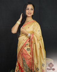 Classic Gold Muga Mekhla Sador – Beige with Traditional Red & Black Patterns