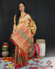 Classic Gold Muga Mekhla Sador – Beige with Traditional Red & Black Patterns