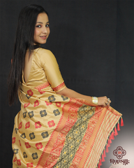 Classic Gold Muga Mekhla Sador – Beige with Traditional Red & Black Patterns