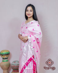 Elegant Semi Paat Silk Saree with Pink Woven Border