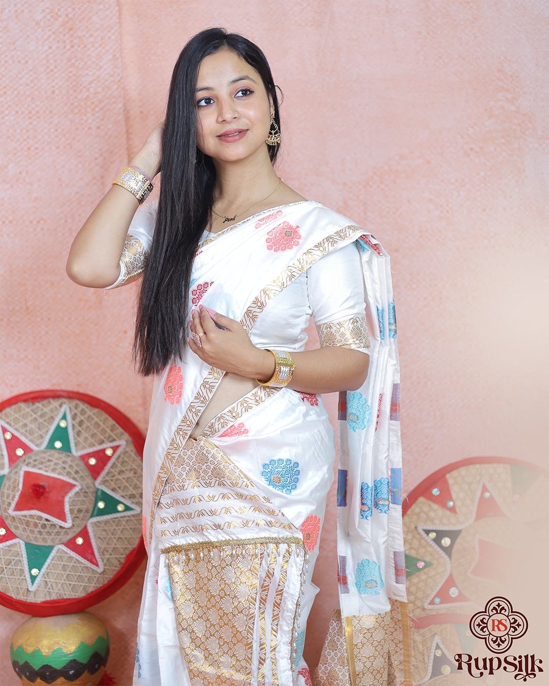 Elegant White Banarsi Semi Paat Mekhla Sador with Golden Guna