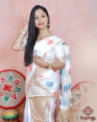 Elegant White Banarsi Semi Paat Mekhla Sador with Golden Guna