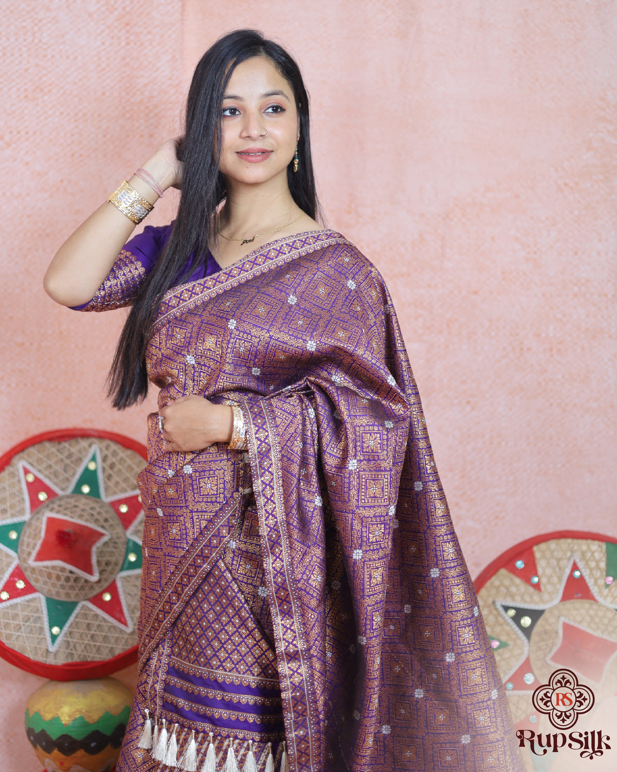 Royal Purple Semi Paat Silk Saree with Intricate All-Over Woven Design