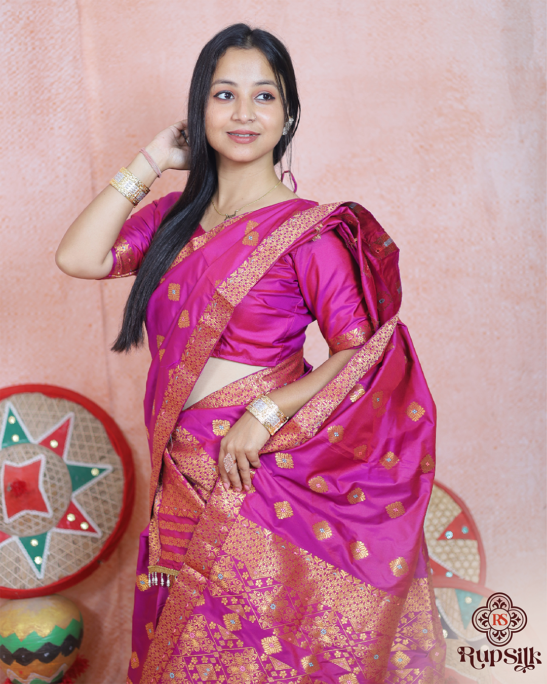 Royal Magenta Banarsi Semi Paat Mekhla Sador with Rich Golden Guna