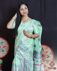 Elegant Semi Paat Silk Saree in Mint Green with Multicolor Woven Design